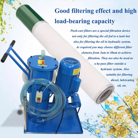 Portable Hydraulic Oil Filter Cart With 3 Micron Precision Filtration And Single Cylinder Purification System Killing Grit Fast With A Slick Pressure Gauge 2M Flexible PVC Hose And 220V Setup with blue motor and filtration tank.