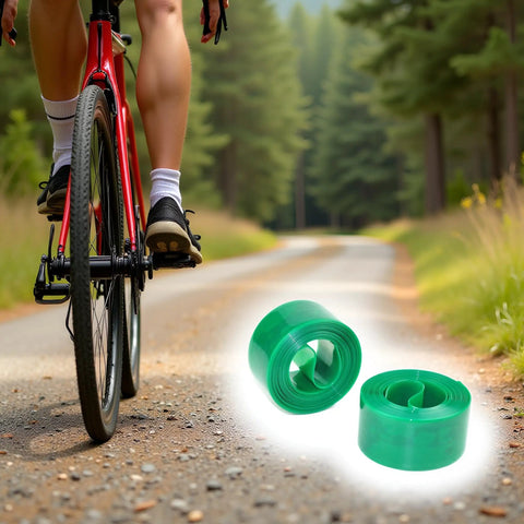 Cyclist on a trail with All-Terrain Bicycle Tire Liner Protector for Mountain and Commuter Bikes, 1mm Polyurethane Shield visible.