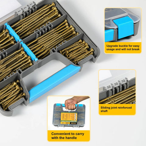 215 Piece Multi Purpose Wood Deck Screw Kit with Bugle Head Torx Star Drive Golden Coated Includes T25 Bit in case
