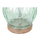Close-up of Blue Embossed Glass Table Lamp With Jute Wrapped Base And Tall Silver Finial, showcasing glass detailing and jute base.