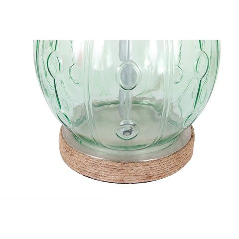 Close-up of Blue Embossed Glass Table Lamp With Jute Wrapped Base And Tall Silver Finial, showcasing glass detailing and jute base.