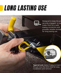 Three Pack Trailer Hitch Pins And Clips With Rubber Coated Yellow Grips Five Eighths Inch Pin Diameter Fits Two Inch Receiver Zinc Plated Steel Bent Handle For Easy Grip No Fuss in use showing installation.