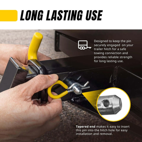 Three Pack Trailer Hitch Pins And Clips With Rubber Coated Yellow Grips Five Eighths Inch Pin Diameter Fits Two Inch Receiver Zinc Plated Steel Bent Handle For Easy Grip No Fuss in use showing installation.