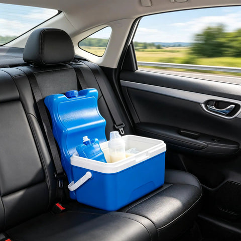 No Sweat Breast Milk Ice Packs Bpa Free Reusable Cooling Inserts For Nursing Bottles Pack Of Two in a car cooler with milk bottles.