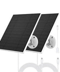 Two 5W solar panel chargers for Eufy outdoor cameras, shown with wall mounts and USB C adapters, IP65 waterproof