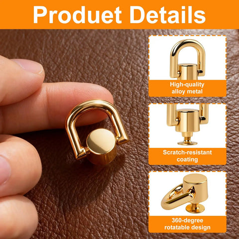 4 Pcs D Ring Rivets For Leather Purses 360 Degree Rotatable Crossbody Conversion Kit with gold hardware shown in detail