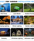 Collage showing uses of IP55 Weatherproof Outdoor Electrical Box, including pool pump, lawn mower, and outdoor lighting setups.