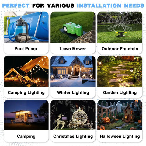 Collage showing uses of IP55 Weatherproof Outdoor Electrical Box, including pool pump, lawn mower, and outdoor lighting setups.