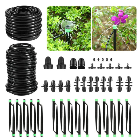 Drip Irrigation Kit For Garden Raised Beds And Lawn Adjustable Watering System With Drip Emitters Five Sixteenth Inch And One Quarter Inch Tubing Barbed Fittings Complete Kit For Quick Garden Setup components layout