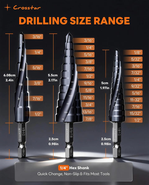 Cobalt TiAlN Step Drill Bit Set Three Pack With Double Spiral Flutes And Hex Shank One Eighth To Seven Eighths Inch For Metal