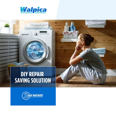 Woman sitting near washer illustrating use for Dryer Drum Support Roller Belt Idler Pulley Repair Kit For Neptune Atlantis 3000 Series