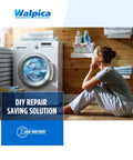 Woman sitting near a washing machine with DIY Repair Saving Solution text for Dryer Repair Kit With Belt And Idler Pulley 4392067 W10837240