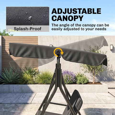 Adjustable canopy on the Three Seat Outdoor Patio Swing Chair With Removable Cushions, Steel Frame Stand, and Tilt Canopy.