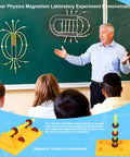 Teacher demonstrating Magnet Kit for Physics Experiments 38 Piece Lab Set With Electromagnet Horseshoe Bar And Ring Magnets.