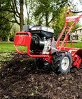Red tiller with Briggs & Stratton engine in garden, compatible with Carburetor And Air Filter Tune Up Kit For Briggs And Stratton Engines
