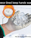 12 Pairs Winter Work Gloves With PU Coating, ANSI Cut Level 5 Protection holding ice cubes, fleece-lined interior visible