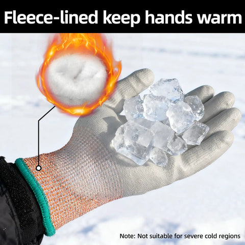 12 Pairs Winter Work Gloves With PU Coating, ANSI Cut Level 5 Protection holding ice cubes, fleece-lined interior visible