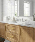 Gold Cabinet Handles 10 Pack 3-3/4 Inch Brushed Brass Drawer Pulls on wooden bathroom vanity with marble counter