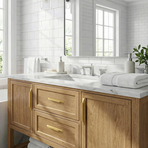 Gold Cabinet Handles 10 Pack 3-3/4 Inch Brushed Brass Drawer Pulls on wooden bathroom vanity with marble counter