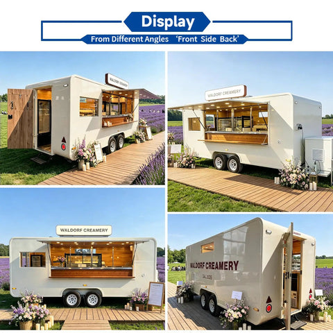 Built Different 18 Foot White Prefab Food Trailer For Catering Hustles Featuring Slick Service Windows Heavy Gauge Steel Frame Plug And Play Kitchen Setup Ride Or Die Quality, showcasing various angles with flowers.