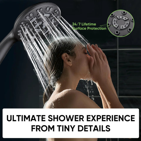 Person using 8 Setting Handheld Shower Head Set With Detachable Heads 5 Ft Stainless Steel Hose Matte Black in bathroom