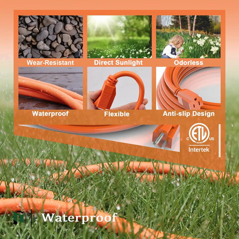 Infographic of 100 Ft 12/3 Outdoor Extension Cord Waterproof Heavy Duty 12 Gauge SJTW 15A 1875W ETL Listed Orange in garden