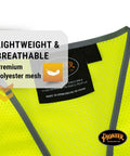Mens High Visibility Safety Vest With Reflective Neon Mesh Zipper Features Nine Utility Pockets For Construction And Traffic Control Meets Ansi Class 2 Standards Breathable Mesh Hustle Ready Grind Proof Coverage 2X Large close-up of yellow mesh fabric and tag showing lightweight material qualities.