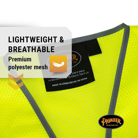Mens High Visibility Safety Vest With Reflective Neon Mesh Zipper Features Nine Utility Pockets For Construction And Traffic Control Meets Ansi Class 2 Standards Breathable Mesh Hustle Ready Grind Proof Coverage 2X Large close-up of yellow mesh fabric and tag showing lightweight material qualities.