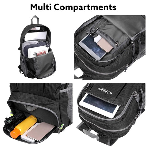 40L Lightweight Packable Hiking Backpack With Wet Pocket showing multi-compartment storage with books, tablet, and phone inside.