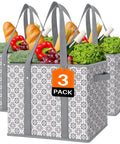 Three Pack Large Reusable Grocery Bags Water Resistant Tote That Folds Flat For Easy Storage filled with groceries.