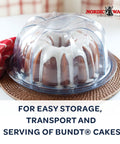 Deluxe Bundt Cake Keeper in crystal clear plastic displaying Bundt cake with icing, lid locks for easy transport, dishwasher safe