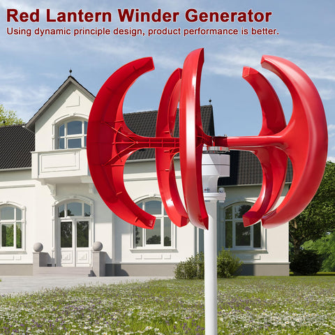 1000W Vertical Axis Wind Turbine Kit For Home And Marine Use 12V/24V Output 5 Blade Lantern Windmill in red in front of house