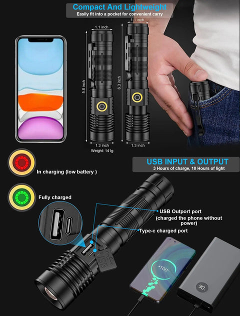 Beast Bright Rechargeable LED Tactical Flashlight With Battery 5 Lighting Modes Zoomable Waterproof Ideal For Camping And Hiking 2 Pack in use showing pocket fit and charging.