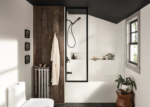 High Pressure Shower Head With Handheld Sprayer In Mediterranean Bronze Finish in modern bathroom with rustic wood panel wall