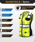 High Visibility Womens Safety Vest Class 2 Reflective Construction Workwear Yellow Medium featuring ten heavy duty utility pockets on display.