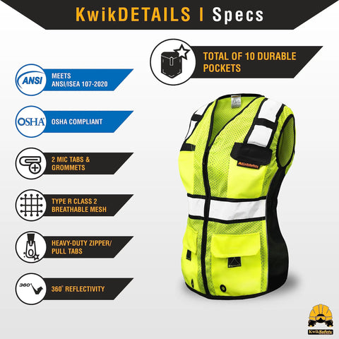 High Visibility Womens Safety Vest Class 2 Reflective Construction Workwear Yellow Medium featuring ten heavy duty utility pockets on display.