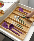 Expandable Bamboo Drawer Organizer For Kitchen Utensils And Flatware Adjustable Cutlery Tray And Knife Organizer Drawer Divider With Five Slots Fits Large Or Small Drawers Go To Kitchen Must Have Home Organizer shown installed in a drawer with utensils.