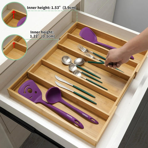 Expandable Bamboo Drawer Organizer For Kitchen Utensils And Flatware Adjustable Cutlery Tray And Knife Organizer Drawer Divider With Five Slots Fits Large Or Small Drawers Go To Kitchen Must Have Home Organizer shown installed in a drawer with utensils.