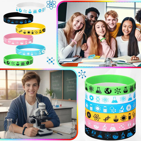 Bulk 48 Piece Science Silicone Wristbands Set for Classroom Rewards and Teacher Gifts shown in various colors during lab activities.