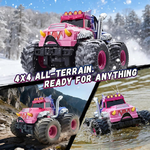 Pink Monster Off Road RC Car for Kids Ages 3 to 12 with 360 Spin Waterproof Amphibious 1 to 18 Scale 4WD All Terrain Toy Truck