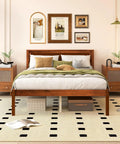 Rock Solid Mid Century Modern Full Size Wood Platform Bed With Reinforced Slat Support And Roomy 16 Inch Under Bed Storage No Box Spring Needed For Hassle Free Assembly In Classic Walnut Finish, styled in a cozy bedroom.