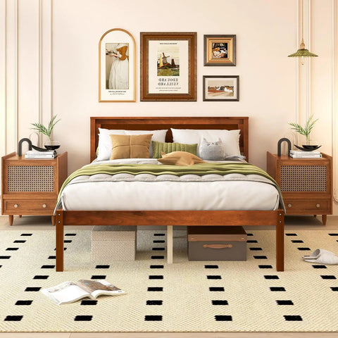 Rock Solid Mid Century Modern Full Size Wood Platform Bed With Reinforced Slat Support And Roomy 16 Inch Under Bed Storage No Box Spring Needed For Hassle Free Assembly In Classic Walnut Finish, styled in a cozy bedroom.