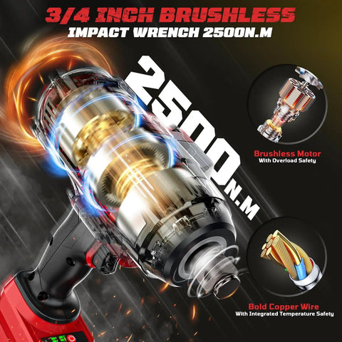 Beast Of A Cordless Three Quarters Inch Impact Wrench With Brushless Motor Up To 1850 Ft Lbs (2500 Nm) Of Torque Heavy Duty Automotive Tool With Four Sockets 18V Battery Compatible (Battery Not Included) Industrial Grade