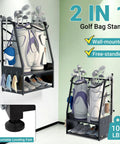 Two Bag Golf Bag Organizer Wall Mount Or Freestanding With Four Club Racks Ten Hooks And Storage Shelf Adjustable Feet