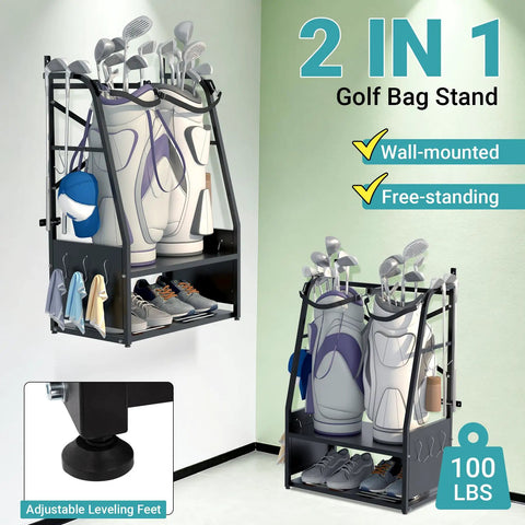 Two Bag Golf Bag Organizer Wall Mount Or Freestanding With Four Club Racks Ten Hooks And Storage Shelf Adjustable Feet