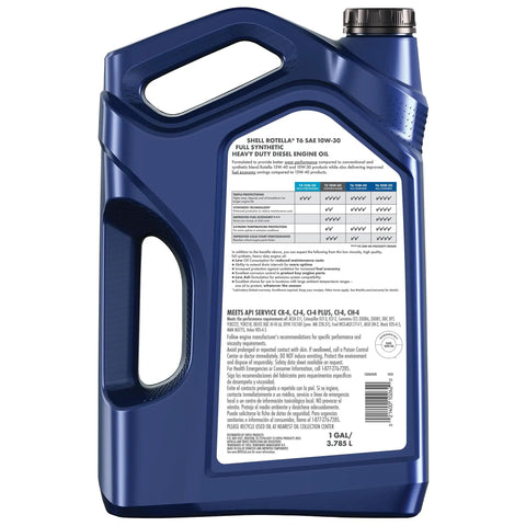 Back view of Full Synthetic 10W30 Diesel Engine Oil For Heavy Duty Diesels 1 Gallon Pack jug showing label and instructions