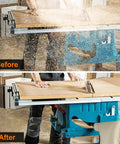 Before and after displaying Extra Large Table Saw Dust Collector Bag Universal Fit For 10 Inch Power Tools With 2.5 Inch Port Hookup No Sweat Cleanup System beige canvas on table saw.