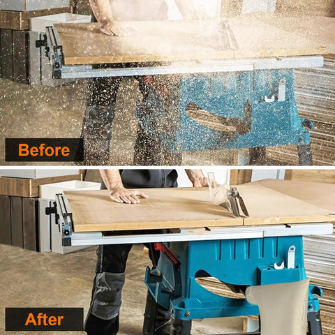 Before and after displaying Extra Large Table Saw Dust Collector Bag Universal Fit For 10 Inch Power Tools With 2.5 Inch Port Hookup No Sweat Cleanup System beige canvas on table saw.