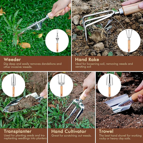 Heavy Duty Garden Tools Set Of 10 With Stainless Steel Tools And Wooden Handles Includes Weeder Rake Transplanter Trowel Cultivator