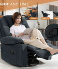 Woman relaxing in Cozy Swivel Rocker Recliner Chair For Adults With Massage Heat And Vibration 360 Degree Glider Lounge Sofa